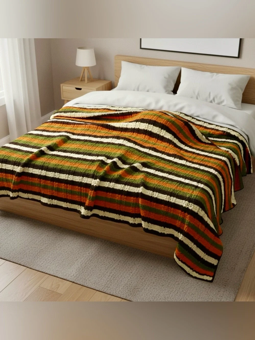 Vintage 70s Striped Granny Afghan Crochet Blanket Bedspread 76” X 61 “Throw